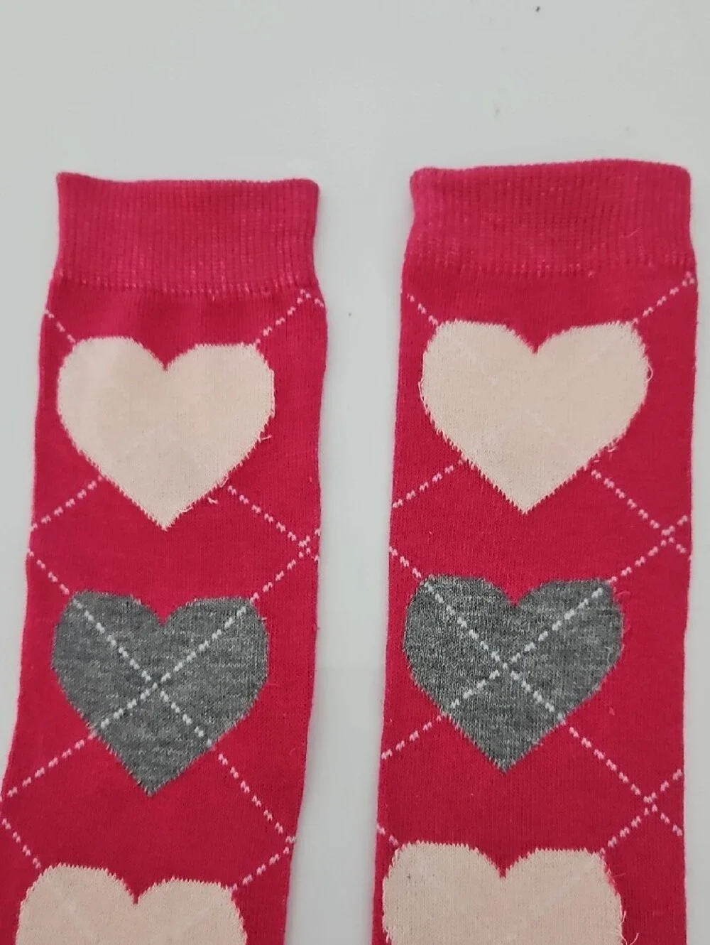 Pink Knee-High Argyle Pattern Socks with Pink and Gray Hearts